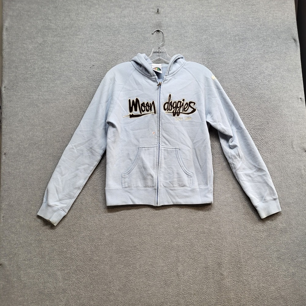Moondoggies Surf Shop Women Sweatshirt Medium Blue Hoodie Logo Full Zip READ